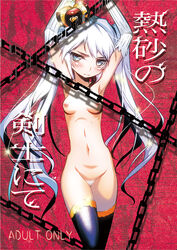 armpits arms_up blush chains cover cover_page crown doujin_cover female hitotose_rin long_hair looking_at_viewer more_at_source navel nipples pubic_hair sennen_sensou_aigis silver_hair solo solo_female sybilla thighhighs tied_hair twintails