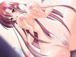 atelier_kaguya between_breasts censored choco_chip dokidoki_onee-san eyebrows_visible_through_hair female green_eyes long_hair miura_reiko mosaic_censoring nude open_mouth shower shower_head solo very_long_hair wet