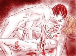 2boys bite bite_mark biting blood blood_in_mouth blood_splatter blood_stain death_note digital_media_(artwork) erection freckles frottage guro injured injury izar kissing mail_jeevas matt_(death_note) mello mihael_keehl naked naked_male nipples nude penis penises_touching red scar skinny skinny_male skinny_waist soft_shading tagme uncensored yaoi