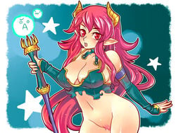 breasts cleavage enraku_(pixiv) horns no_panties original pink_hair pubic_hair red_eyes staff tsuutenkaaku