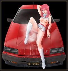 boots breasts car nipples nissan nissan_gtr_r30_skyline no_panties pee_steam peeing pink_hair pussy skyline urinating_on_object