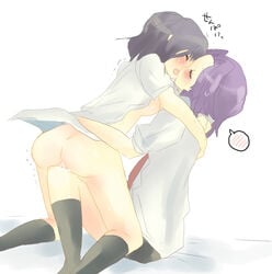 2girls ayase08 black_hair blush bottomless closed_eyes clothed clothing female grinding grinding_on_leg kajiki_yumi kissing multiple_girls partially_clothed pun2 purple_hair pussy_juice saki spoken_blush sweat touyoko_momoko white_background yuri