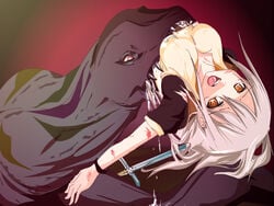 blood breasts clothing fangs female large_breasts monster open_mouth orange_eyes silver_hair sweat vore