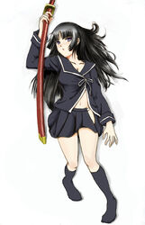 belly black_hair black_legwear black_socks blue_eyes footwear ga-rei ga-rei_zero isayama_yomi katana long_hair lying navel school_uniform socks sword weapon