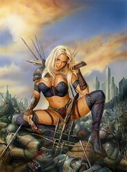 1girl 1girls 6+boys arrow_(weapon) black_boots blonde_hair blood blue_sky boots cloud corpse crossbow facing_viewer full_body knife looking_at_viewer lorenzo_sperlonga medium_breasts midriff outdoors post-apocalyptic skyscraper squatting thigh_boots thighhighs war