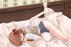 1girls ass barefoot bed bed_sheet blush body_blush brown_hair closed_eyes clothes_sniffing crotch_rub endured_face feet female female_only hair_ribbon iwasaki_takashi lying masturbation mouth_hold no_panties on_stomach panties panties_in_mouth pillow pillow_masturbation pillow_sex ribbon school_uniform sheets shirai_kuroko skirt skirt_around_belly skirt_pull smelling_underwear sniffing_clothes sniffing_panties soles solo spread_legs to_aru_majutsu_no_index toes underwear