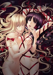 blonde_hair crow_(pixiv) edo_tatsuki female highres human mound_of_venus multiple_girls nail_polish naked_ribbon nude reimu_hakurei ribbon touhou uncensored yukari_yakumo yuri