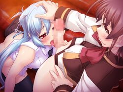 1futa 1girls ass black_legwear black_thighhighs blue_hair blush bottomless breasts brown_eyes brown_hair censored cg clothing curvy embarrassed erect_nipples erect_nipples_under_clothes erection fellatio female from_above futa_on_female futa_sans_balls futanari happy large_ass large_breasts licking long_hair mahou_shoujo_isuka nipple_bulge nipples open_mouth oral penis school_uniform shaved_pussy short_hair smug stockings tongue