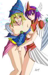 2girls blonde_hair blush breasts dark_magician_girl duel_monster dunames_dark_witch female grope groping hat hiragi_(artist) multiple_girls nipple_slip nipples pussy_juice yu-gi-oh! yuri yuu-gi-ou_duel_monsters
