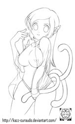 breasts cat_tail clothes copyright_request female female_only highres kazz-curaudo large_breasts line_art monochrome multi_tail nipples nude panties shirt solo tail tails underwear