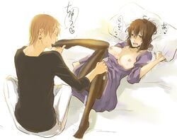 breasts brown_hair d.gray-man feet foot_lick foot_worship lavi licking miranda_lotto nipples pantyhose sucking sweat