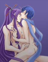 2boys anal blue_eyes blue_hair blush closed_eyes gakupo_kamui gay kaito long_hair nail_polish nude ponytail purple_hair riding scarf short_hair sitting straddling tied_hair vocaloid yaoi