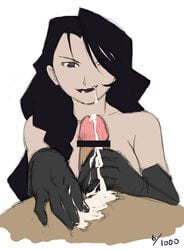 1boy 1girls after_fellatio aftersex black_hair cum cum_in_mouth cum_on_lips dark-skinned_male dark_skin female fullmetal_alchemist gloved_handjob gloves hair_over_one_eye handjob homunculus keiryu light-skinned_female light_skin lipstick long_hair lust lust_(fullmetal_alchemist) makeup male penis pov proud purple_eyes purple_lipstick smirk straight wavy_hair