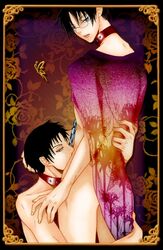 2boys black_hair blue_eyes bondage brown_eyes chains collar doumeki_shizuka glasses hand_on_head nude short_hair tagme watanuki_kimihiro xxxholic yaoi