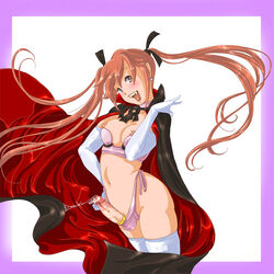 1futa areola balls_in_panties blush cape cleavage cock_ring cum elbow_gloves erect_nipples erection fangs futanari futanari_vampire intersex long_hair midriff nipple_slip nipples penis precum red_hair revealing_clothes ribbon short_twintails solo_futa tied_hair twintails vampire yozora