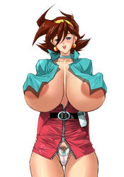 1girls 2005 areola areolae blush breasts brown_hair earrings erect_nipples g_gundam gundam huge_breasts jewelry mimasaka_hideaki nipple_slip nipples panties pubic_hair rain_mikamura simple_background solo stick_nipples tagme underwear unzipped