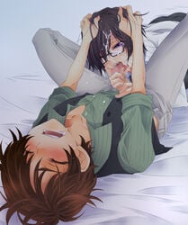 2boys arched_back artist_request ass_up black_hair blush brown_hair censored clothed code_geass cum cum_in_mouth cum_on_face cum_on_tongue erection facial fellatio femboy gay girly glasses hands_on_another's_head hands_on_head head_grab kururugi_suzaku lelouch_lamperouge male male_only multiple_boys open_mouth oral penis purple_eyes saliva tongue tongue_out top-down_bottom-up unzipped yaoi