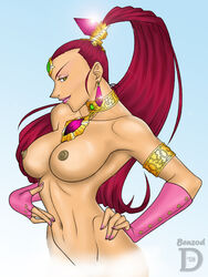 benzod breasts gerudo jewelry long_hair makeup nabooru nail_polish nintendo nipples ocarina_of_time red_hair smile straight_hair the_legend_of_zelda toned topless