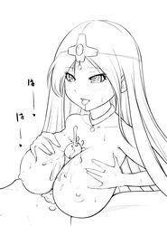 1boy 1girls anime_nose breasts cum dragon_quest dragon_quest_iv erection female female_focus huge_breasts human large_breasts mahito_(artist) male maya_mahabala monochrome paizuri partial_male penis straight titfuck uncensored