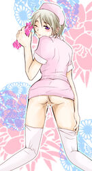 after_sex ass blonde_hair crossdressing cum dildo dress dress_lift facial gay joshua kiryu_yoshiya kiryuu_yoshiya kneeling looking_back male nurse purple_eyes the_world_ends_with_you thighhighs trap wink yaoi zettai_ryouiki