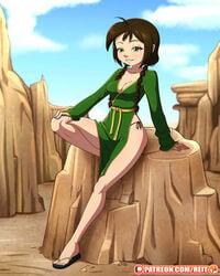 ass avatar_the_last_airbender background bare_legs braided_twintails brown_hair cleavage clothed clothing dress female female_only flip_flops green_eyes hand_on_knee jin_(avatar) leaning_back leaning_on_object looking_at_viewer low_neckline medium_breasts no_bra outdoors reit revealing_clothes rock sandals sitting smiling thong toes twintails visible_underwear