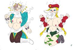 2girls arm_grab blonde_hair blush breasts cammy_white chloroform chun-li cloth_over_another's_mouth cloth_over_mouth covering_mouth female hand_over_another's_mouth hat human knocked_out losing_consciousness multiple_girls nipples street_fighter stripping tagme topless unconscious