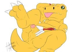 agumon balls digimon dinosaur heibanhikaru male male_only masturbation penis reptile scalie scar tongue