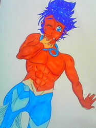 blue_eyes clothes color front_view human male male_only marlon_(pokemon) pokemon solo tagme topless wink