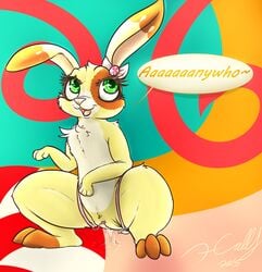 2015 buttercream_sunday chest_tuft dialogue egg_vibrator english_text female feral fur green_eyes insertion lagomorph littlest_pet_shop mammal penetration pussy pussy_juice rabbit ribbons sex_toy solo text tuft vaginal_insertion vaginal_penetration vibrator xilrayne yellow_fur