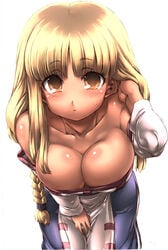 1girls adjusting_hair arc_the_lad bare_shoulders blonde_hair blush braid breasts bursting_breasts cleavage dress female female_only hand_between_legs hand_in_crotch huge_breasts large_breasts leaning_forward lieza long_hair looking_at_viewer single_braid solo tokyo_(great_akuta) yellow_eyes