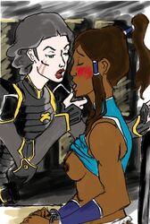 2girls avatar_legends blush clothing dark-skinned_female dark_skin female female_only human interracial korra lin_bei_fong multiple_females multiple_girls small_breasts straight_hair the_avatar the_legend_of_korra water_tribe yuri