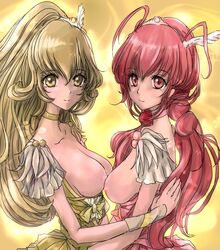 2girls blonde_hair breasts breasts_out bust clothing cure_happy cure_peace female hoshizora_miyuki long_hair looking_at_viewer magical_girl medium_breasts multiple_girls nipples ponytail precure pretty_cure rav_(ravetx) red_eyes red_hair smile smile_precure symmetrical_docking tied_hair twintails yayoi_kise yellow_eyes yuri