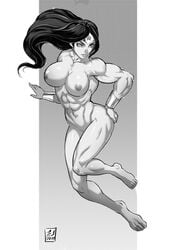 2011 black_hair breasts dc_comics felsus female forehead_protector long_hair monochrome muscles muscular_female nipples nude solo wonder_woman wonder_woman_(series) wristband