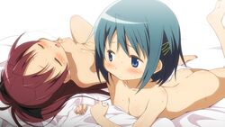 2girls blue_eyes blue_hair blush bow closed_eyes female female_only mahou_shoujo_madoka_magica miki_sayaka moritan multiple_girls nude open_mouth red_eyes red_hair sakura_kyouko soles yuri