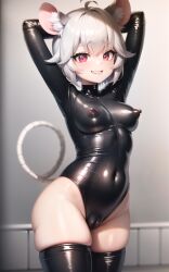 1girls ai_generated animal_ears arms_behind_head bodysuit breasts cameltoe erect_nipples female_only latex light_skin mouse nazrin nipple_bulge red_eyes seductive sharp_teeth shiny_skin short_hair smile stable_diffusion stockings tail thick_thighs touhou white_hair