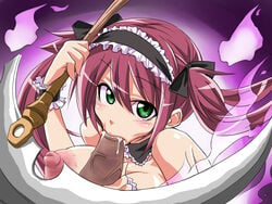 :>= airi_(queen's_blade) blush breasts fellatio green_eyes kobayashi_tetsuya long_hair looking_at_viewer nipples oral penis queen's_blade red_hair scythe tied_hair twintails uncensored weapon