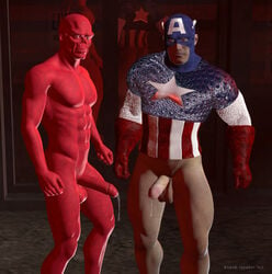 2boys 3d abs ass biceps black_howler bottomless captain_america captain_america_(series) cumdrip erection male male_only marvel mask muscles nude pecs penis precum red_skin red_skull serratus_anterior steve_rogers testicles uncensored yaoi