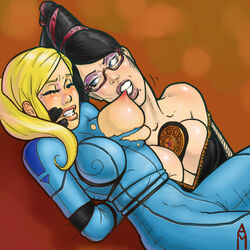 2girls artm bayonetta bayonetta_(character) biting_nipple crossover female female_only human metroid multiple_females multiple_girls nintendo samus_aran sega torn_bodysuit torn_clothes yuri zero_suit zero_suit_samus