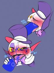 blowjob blowjob_face blue_cum blue_text blush blushing bow bowtie cum devicho eating glasses japanese_text orange_eyes orange_glasses oshare_bones pink_eyes puyo_(puyopuyo) puyo_puyo puyo_puyo_fever saliva sega skeleton tagme tailcoat text tongue top_hat vore what yellow_eyes