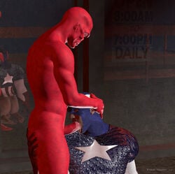 2012 2boys 3d ass ass_grab bald black_howler blue_eyes bottomless captain_america captain_america_(series) cum cum_in_mouth cum_inside cum_on_boy cumdrip fellatio gloves hand_on_head male male_only marvel mask multiple_boys multiple_males muscles nude oral penis red_skin red_skull standing steve_rogers uncensored yaoi