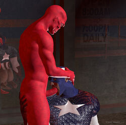 2012 2boys 3d ass ass_grab bald black_howler blue_eyes bottomless captain_america captain_america_(series) fellatio gloves male male_only marvel mask multiple_boys multiple_males muscles nude oral penis red_skin red_skull standing steve_rogers uncensored yaoi