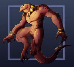 abs abstract_background animal_genitalia anthro bastet_(artist) claws genital_slit horn lizard male male_only muscles nude prepuce reptile scalie slit solo yellow_eyes