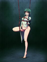 arms_behind_back arms_tied_behind_back blush bound_arms fate/zero fate_(series) female gag green_eyes green_hair no_panties no_pants peeing pubic_hair sakuraba_tsukasa solo standing_on_one_leg tohsaka_aoi urination