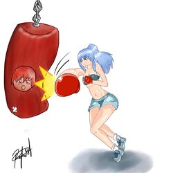 5_elementos blue_hair boxing boxing_gloves female lluvia_aquarrica long_hair ponytail sandbag shorts smile solo