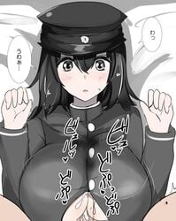 akitsu_maru_(kantai_collection) black_eyes black_hair breasts bust cum cum_on_body cum_on_breasts cum_on_upper_body female hat kantai_collection lying male military military_uniform on_back paizuri peaked_cap poshi_(ginmokusei) pov short_hair straight uniform