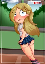 blue_eyes blush camera_view female_only fnafhs fnafhs_z3ro joy_(fnafhs) panties recording school_uniform surprised_expression tagme yellow_hair