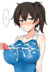 blue_swimsuit blush breasts brown_eyes brown_hair cum cum_on_body cum_on_breasts cum_on_upper_body female kaga_(kantai_collection) kantai_collection large_breasts looking_away one-piece_swimsuit penis poshi_(ginmokusei) short_hair side_ponytail simple_background solo swimsuit white_background