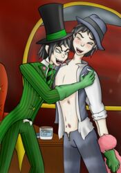 2boys blue_eyes blush blushing bruised bruises dr_seuss glves greed-ler green_eyes hat long_gloves once-ler open_clothes scarf selfcest the_lorax top_hat wink yaoi