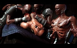 3d armor avulsion bald beige_skin black_hair bone breasts brown_skin closed_eyes color ear_piercing earring eating exposed_breasts eyes female gore guro hair human indoors injury jewelry male mouth open_eyes open_mouth pain photorealism questionable_consent red_eyes rib ribcage skin wound yellow_eyes zombie