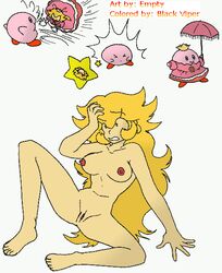 breasts clothes color empty_(artist) female human interspecies kirby kirby_(series) male mario_(series) nintendo nipples nude princess_peach princess_peach_(cosplay) sitting size_difference tagme umbrella vulva white_background